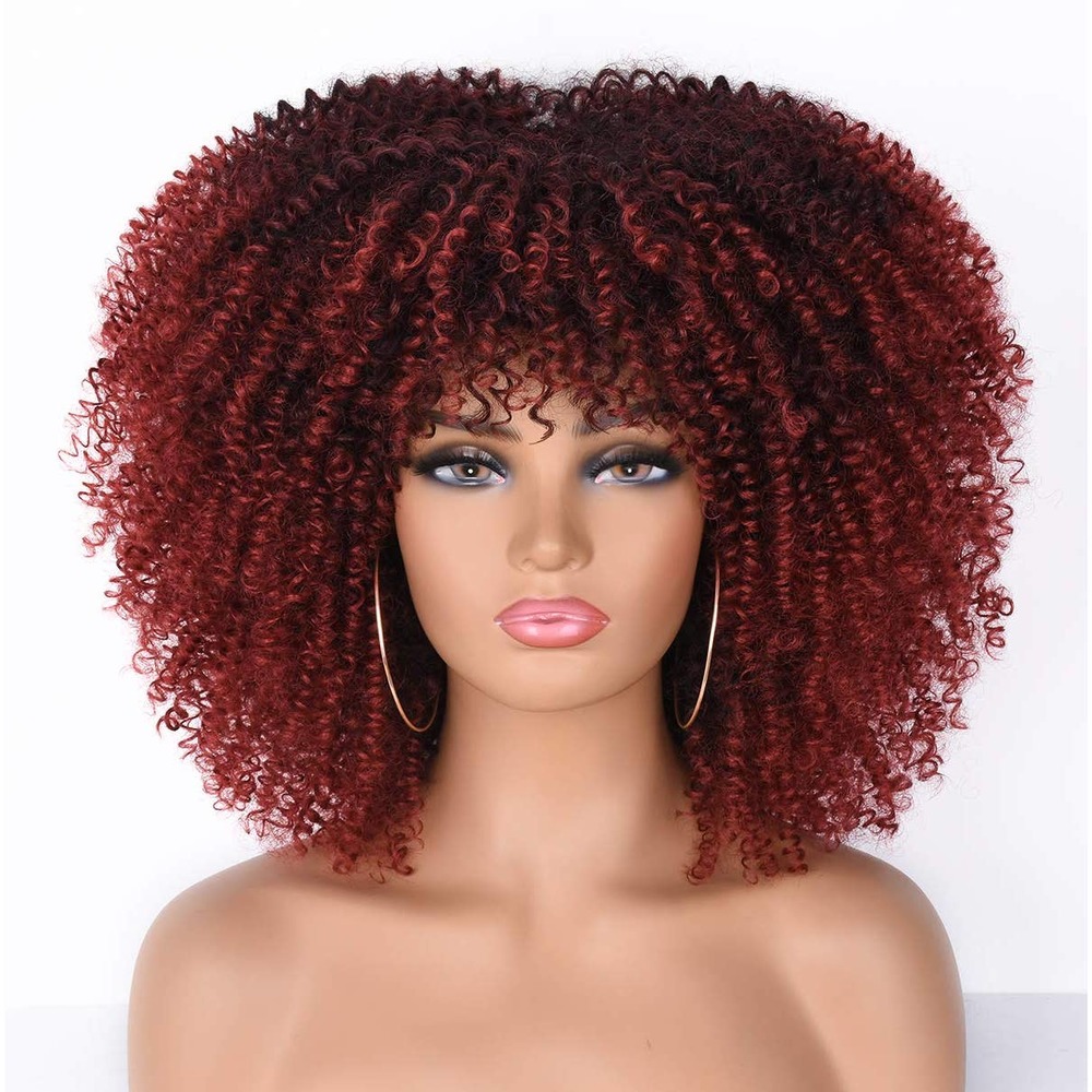 Afro Curly Short Wig Red With Bangs